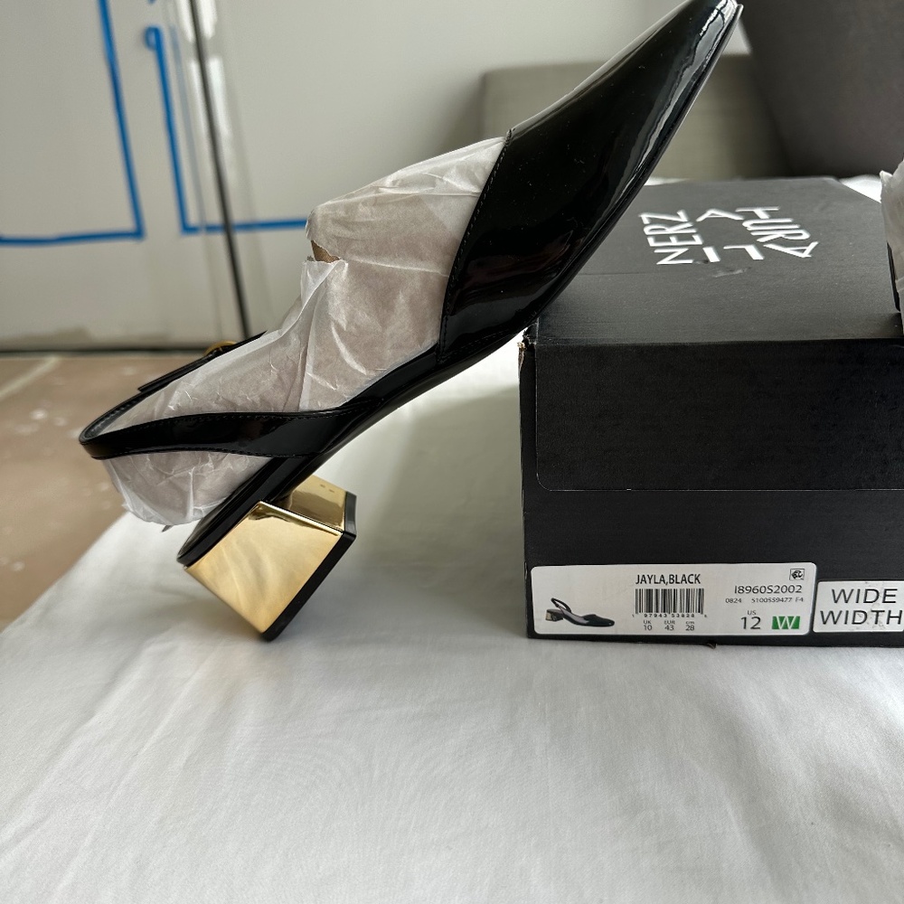 NWT! Naturalizer Jayla Black Patent Slingback with Gold Metallic Heels 12W